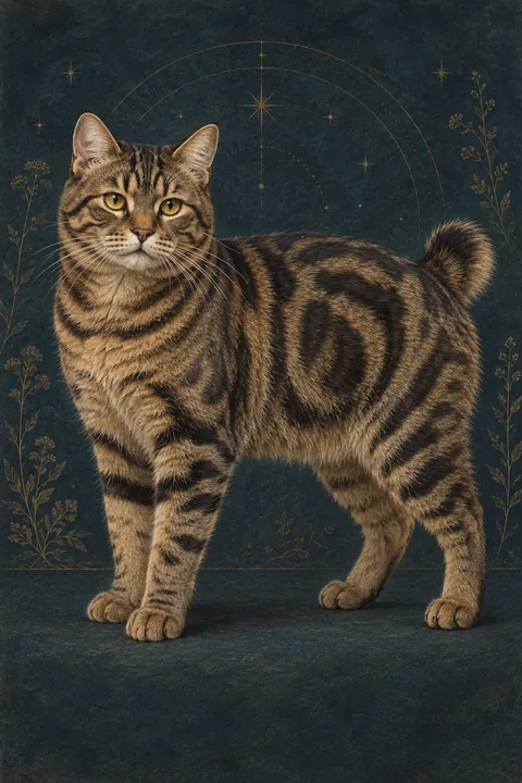美国短尾猫短毛型 · 棕底黑色经典虎斑短毛，金色杏仁眼，天然短尾 · 原创品种示意插画