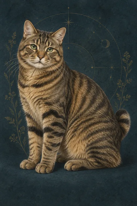 美国短尾猫 · 棕色鲭鱼纹虎斑短毛，绿色近杏仁形眼，天然短尾 · 原创品种示意插画