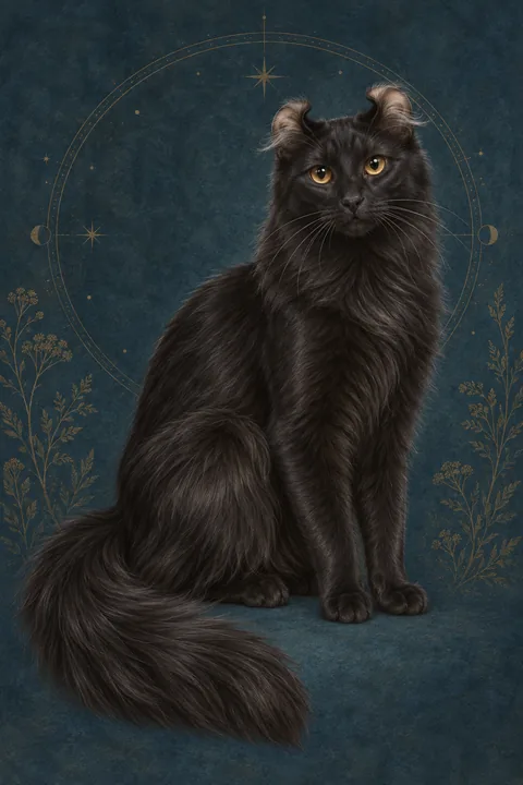 美国卷耳猫 · 纯黑半长毛，琥珀色眼睛 · 原创品种示意插画