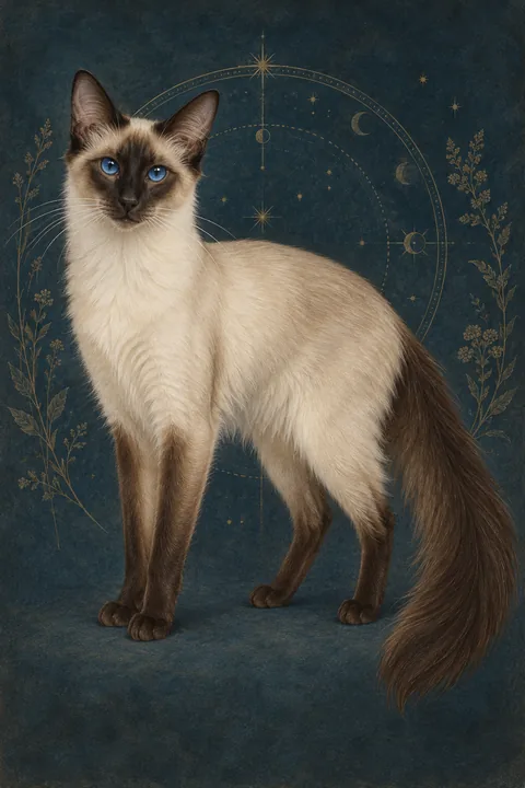 巴厘猫 · 暖奶油色身体、海豹棕重点色、深蓝杏仁眼 · 原创品种示意插画