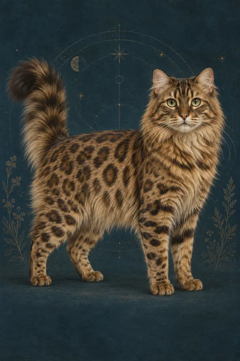 孟加拉长毛猫（Bengal Longhair） · 暖棕色长毛，深棕玫瑰斑，绿色椭圆眼 · 原创品种示意插画