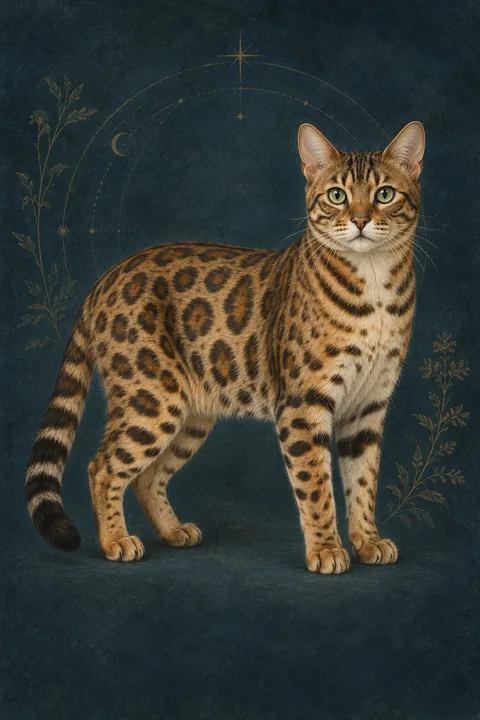 孟加拉豹猫 · 蜜金棕底短毛，黑边棕心玫瑰斑，绿色眼睛 · 原创品种示意插画