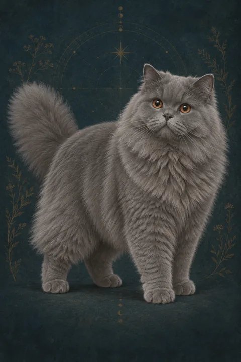英国长毛猫 · 纯蓝灰色长毛；圆形铜色眼睛 · 原创品种示意插画