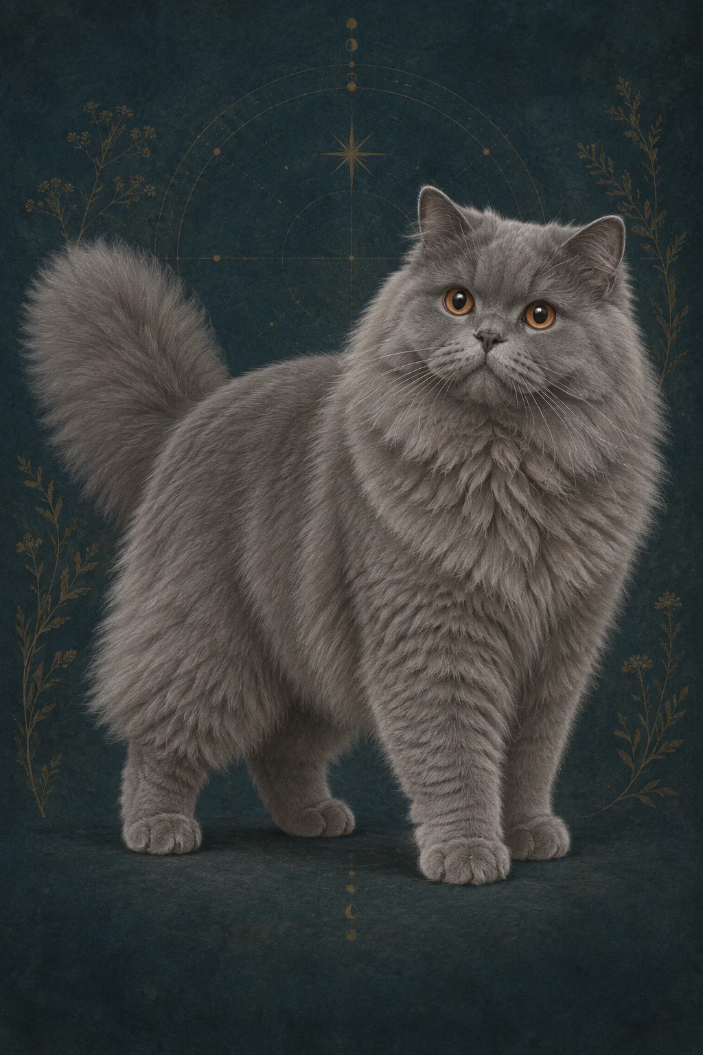 英国长毛猫 · 纯蓝灰色长毛;圆形铜色眼睛 · 原创品种示意插画