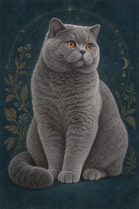 British Shorthair · Solid blue · copper eyes · Original breed illustration