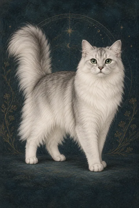 波米拉长毛猫（Burmilla Longhair） · 黑色银渐层半长毛，绿色眼睛 · 原创品种示意插画