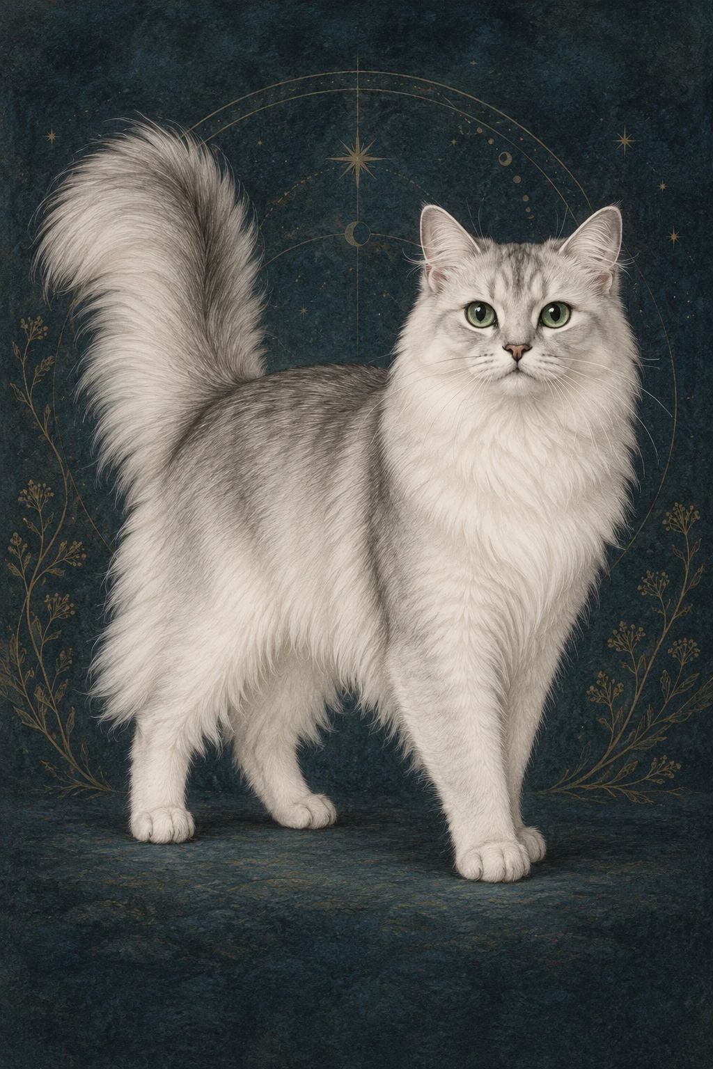 バーミラ・ロングヘア(Burmilla Longhair) · ブラック・シェーデッド・シルバーのセミロング、緑色の目 · オリジナル品種イラスト