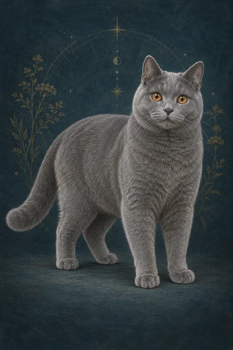 沙特尔猫（Chartreux） · 纯蓝灰色短毛，圆形铜橙色眼睛 · 原创品种示意插画