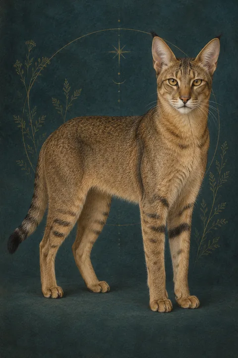 乔西猫（Chausie） · 暖棕色滴答虎斑短毛，腿部深色条纹，黑色尾尖，金色眼睛 · 原创品种示意插画