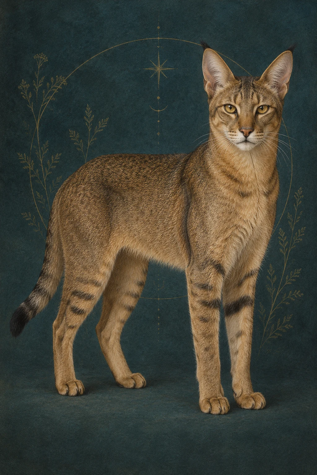 乔西猫(Chausie) · 暖棕色滴答虎斑短毛,腿部深色条纹,黑色尾尖,金色眼睛 · 原创品种示意插画
