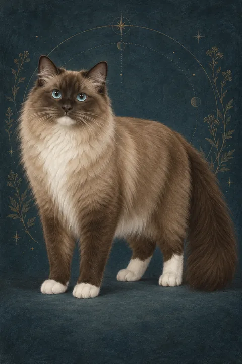 基路伯猫（Cherubim） · 海豹貂色手套花纹，半长毛，椭圆形水蓝绿色眼睛 · 原创品种示意插画