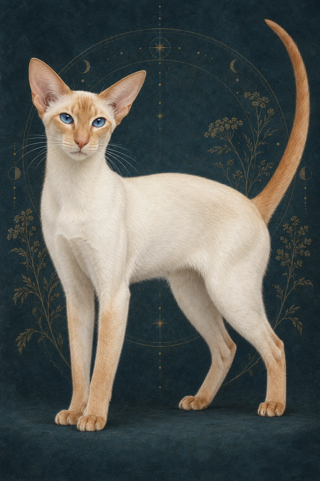 重点色短毛猫(Colorpoint Shorthair) · 红色重点色:清白色短毛躯干、暖杏红色重点部位、鲜蓝色杏仁眼 · 原创品种示意插画