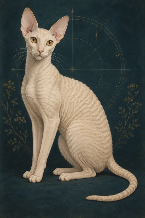 康沃尔卷毛猫 · 纯奶油色短卷毛，金色椭圆眼 · 原创品种示意插画