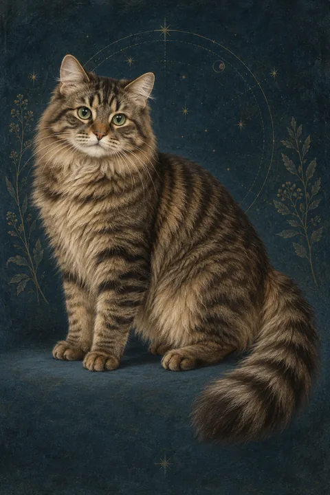 有尾西姆里克猫（Cymric Tailed） · 棕色鱼骨纹虎斑，绿眼，完整蓬松长尾 · 原创品种示意插画