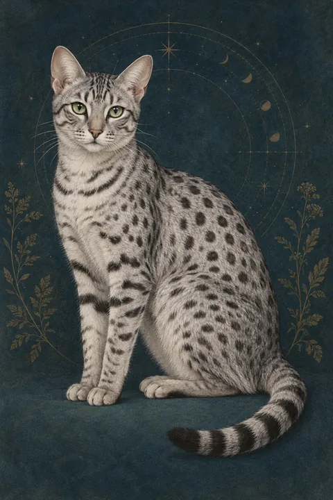 埃及猫 · 浅银色短毛，炭灰色斑点与尾环，醋栗绿色眼睛 · 原创品种示意插画