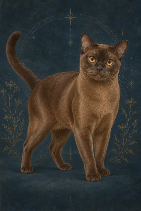 欧洲缅甸猫（European Burmese） · 暖海豹棕色纯色短毛，深琥珀色眼睛 · 原创品种示意插画