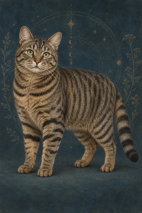 欧洲短毛猫 · 棕底黑色鲭鱼纹虎斑短毛，绿色圆眼 · 原创品种示意插画