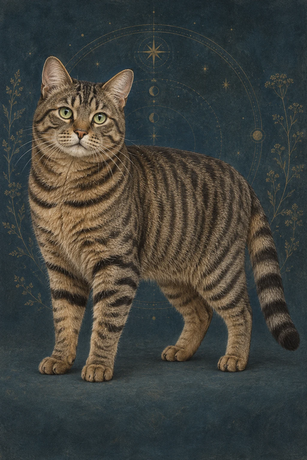 欧洲短毛猫 · 棕底黑色鲭鱼纹虎斑短毛,绿色圆眼 · 原创品种示意插画