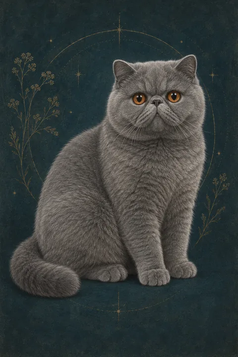 异国短毛猫 · 纯蓝色短毛，铜色圆眼 · 原创品种示意插画