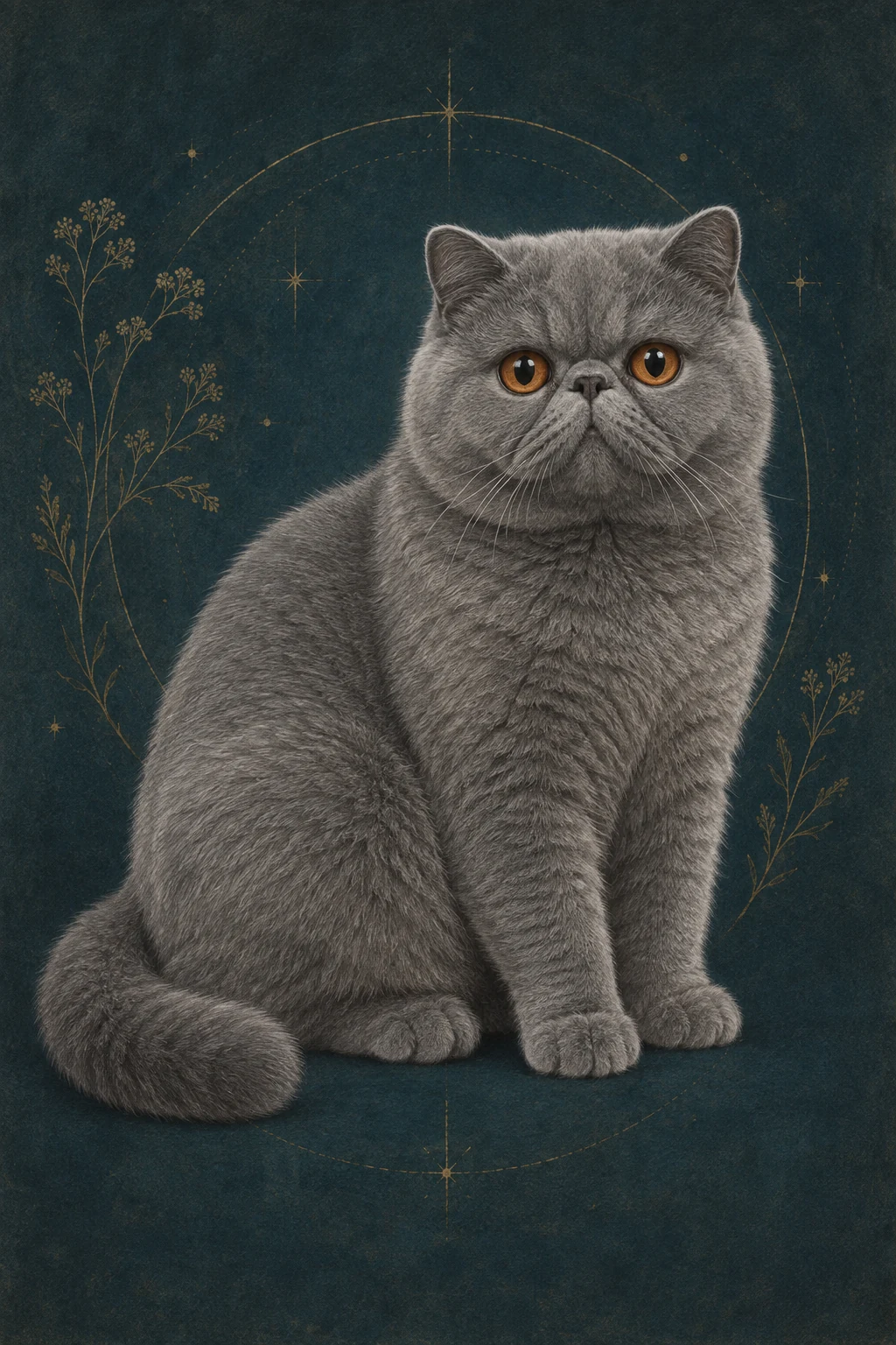 异国短毛猫 · 纯蓝色短毛,铜色圆眼 · 原创品种示意插画
