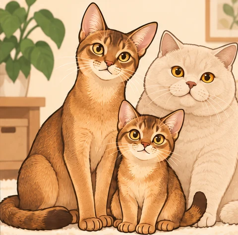 阿比西尼亚猫 × 英国短毛猫与虚拟后代焦糖跳豆的AI家庭合影