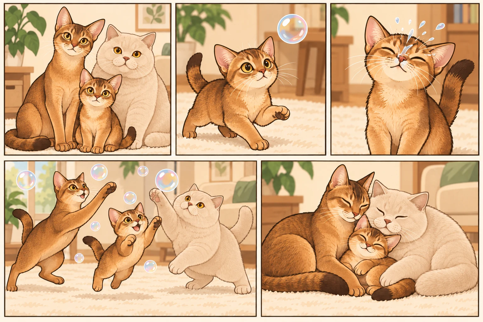 阿比西尼亚猫 + 英国短毛猫与虚拟小猫焦糖跳豆一起玩耍的 AI 卡通家庭漫画:追泡泡的小冠军,共5格,无文字。