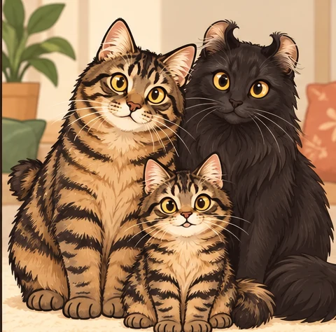 美国短尾猫短毛型 × 美国卷耳猫与虚拟后代奶糖的AI家庭合影