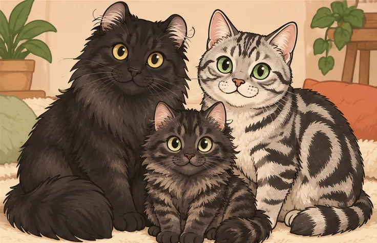 美国卷耳猫长毛型 × 美国硬毛猫与虚拟后代松果的AI家庭合影