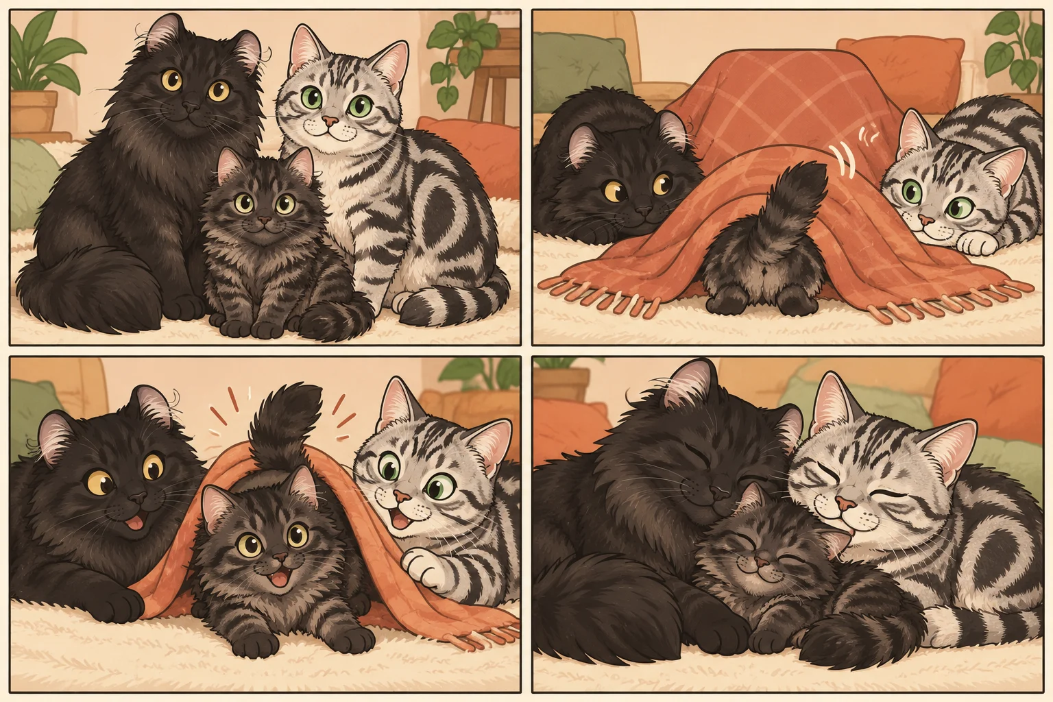 アメリカンカール・ロングヘア + アメリカンワイヤーヘアと架空の子猫まつぼっくりが遊ぶAI家族漫画。毛布の中のかくれんぼ、4コマ、文字なし。