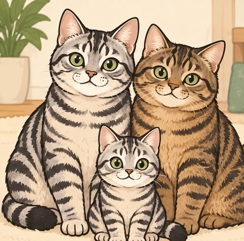 美国短毛猫 × 美国短尾猫与虚拟后代小栗子的AI家庭合影
