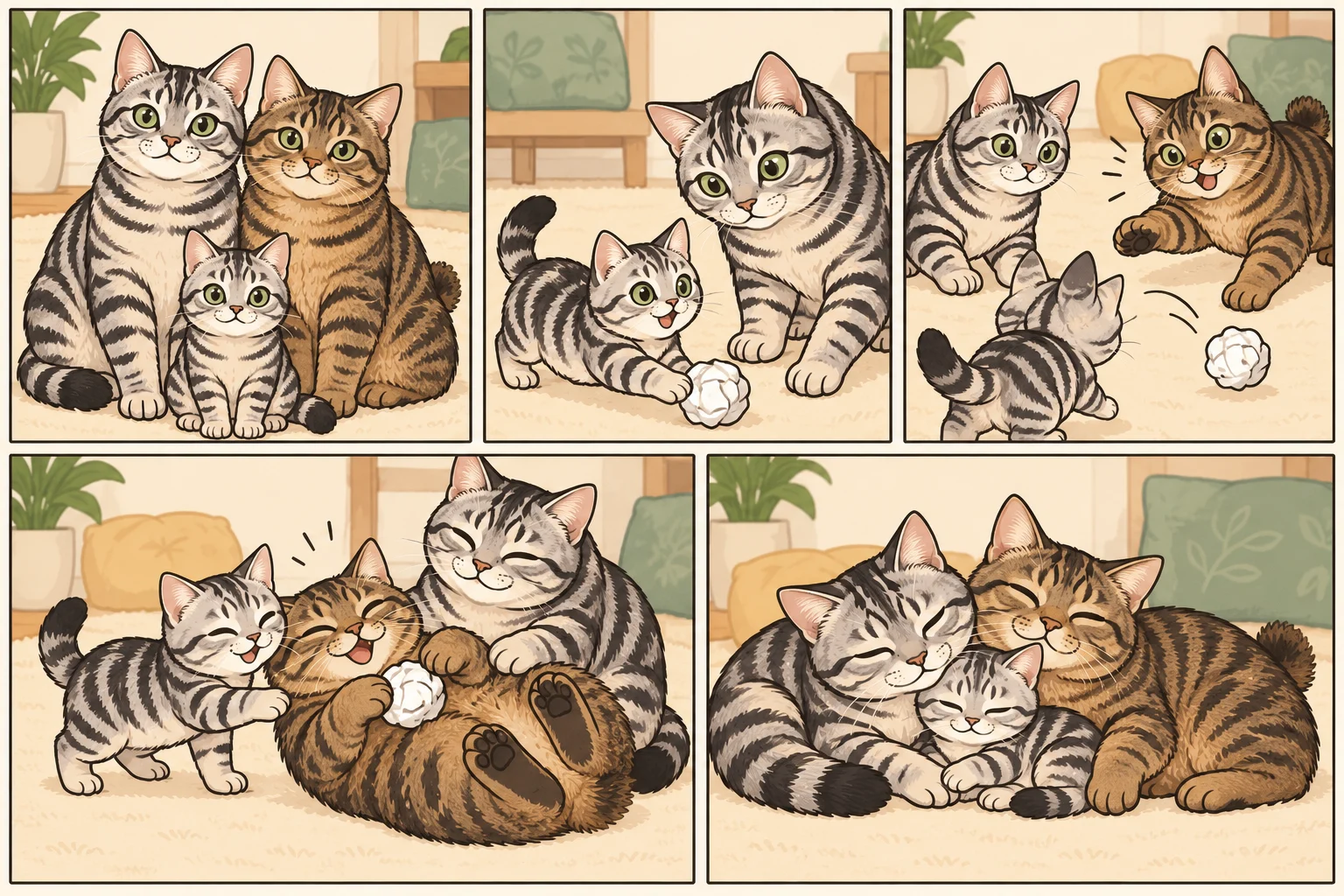 美国短毛猫 + 美国短尾猫与虚拟小猫小栗子一起玩耍的 AI 卡通家庭漫画:纸团传球小比赛,共5格,无文字。