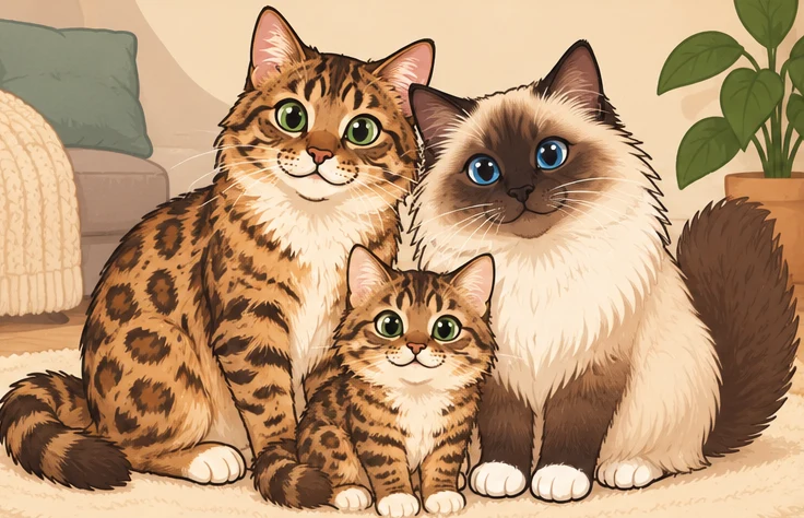 孟加拉豹猫 × 伯曼猫与虚拟后代橘子汽水的AI家庭合影