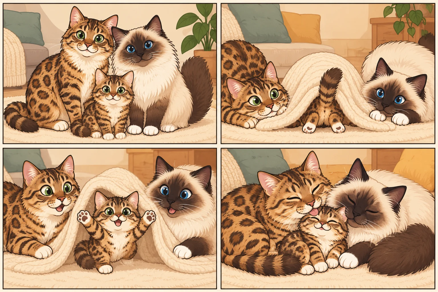 孟加拉豹猫 + 伯曼猫与虚拟小猫橘子汽水一起玩耍的 AI 卡通家庭漫画:毯子里的捉迷藏,共4格,无文字。