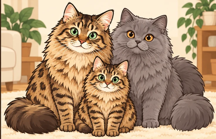 孟加拉长毛猫(Bengal Longhair) × 英国长毛猫与虚拟后代月光团的AI家庭合影