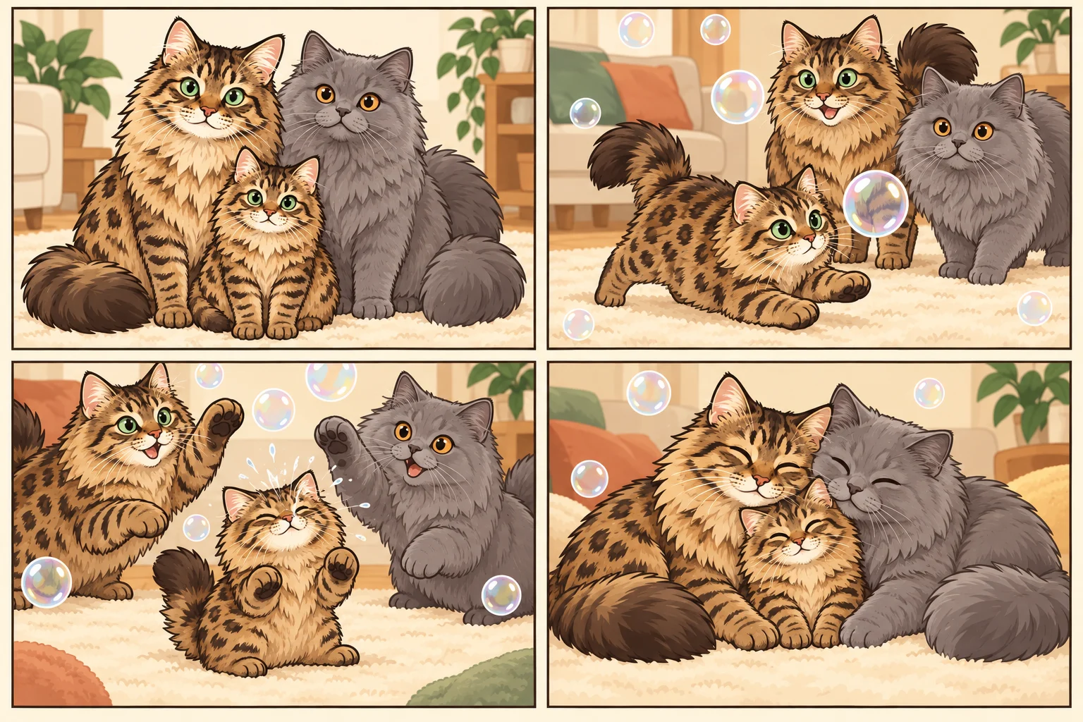 벵갈 롱헤어(Bengal Longhair) + 브리티시 롱헤어와 가상 아기 고양이 달빛 솜가 함께 노는 AI 가족 만화: 작은 비눗방울 챔피언, 4칸, 글 없음.