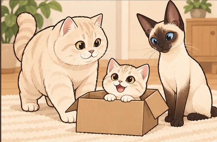 英国短毛猫 × 暹罗猫与虚拟后代奶油侦探的AI家庭合影