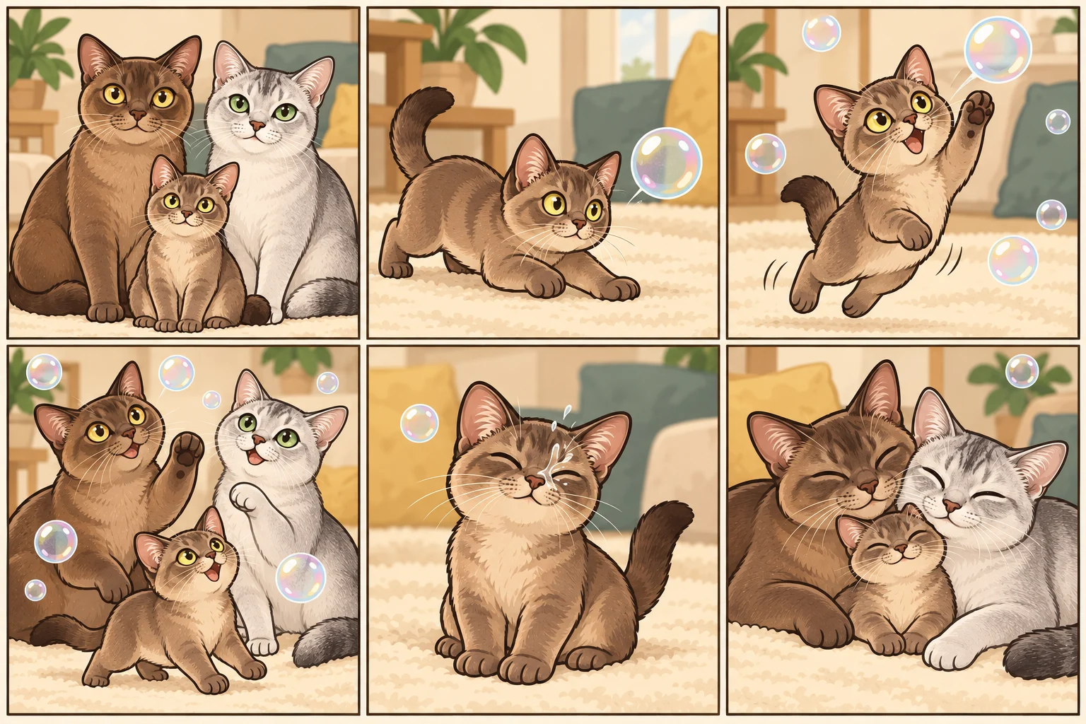 缅甸猫 + 波米拉猫(Burmilla)与虚拟小猫星星饼一起玩耍的 AI 卡通家庭漫画:追泡泡的小冠军,共6格,无文字。
