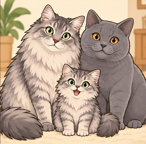 波米拉长毛猫(Burmilla Longhair) × 沙特尔猫(Chartreux)与虚拟后代小麦穗的AI家庭合影