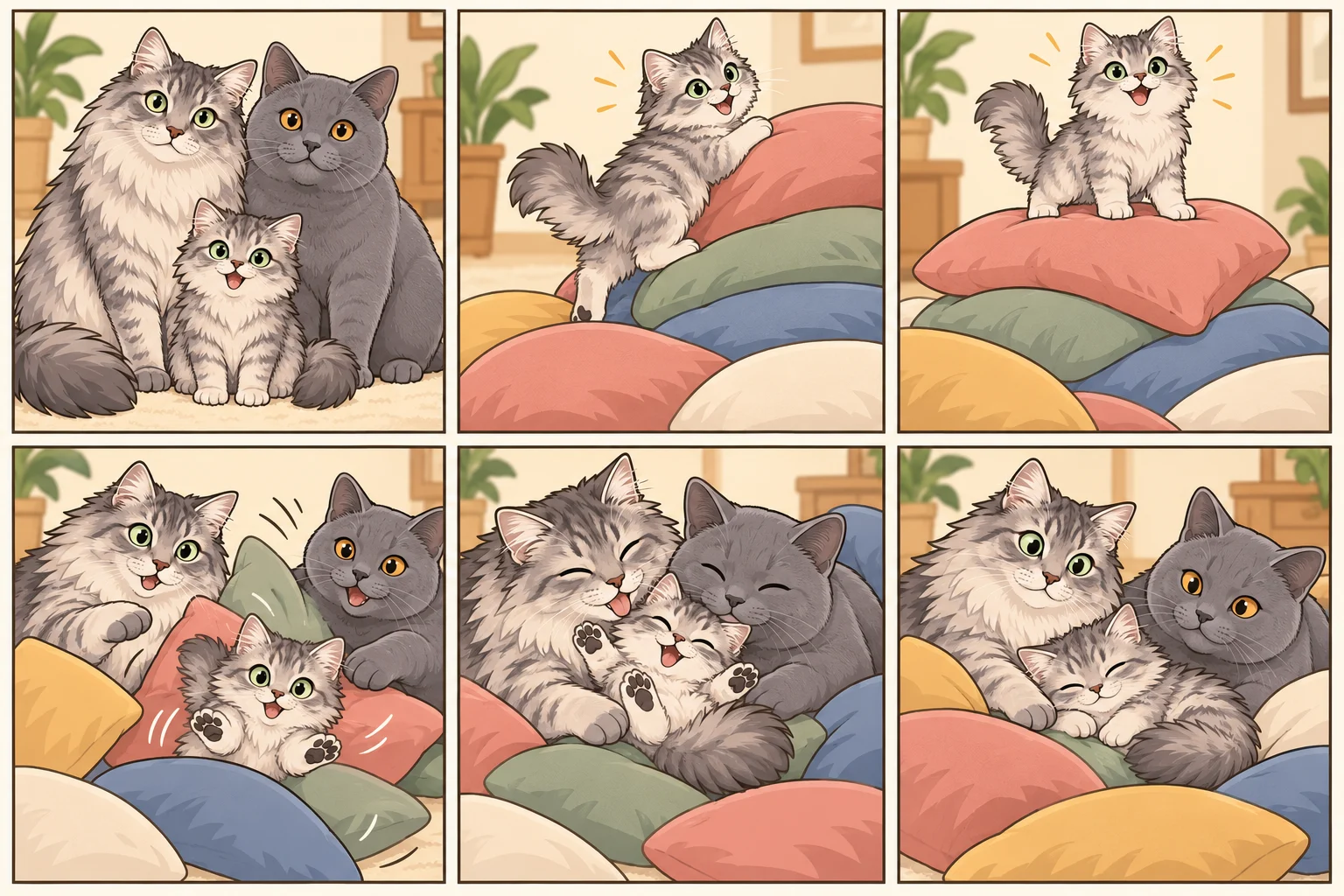 波米拉长毛猫(Burmilla Longhair) + 沙特尔猫(Chartreux)与虚拟小猫小麦穗一起玩耍的 AI 卡通家庭漫画:软垫小山探险,共6格,无文字。