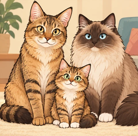乔西猫(Chausie) × 基路伯猫(Cherubim)与虚拟后代芝麻球的AI家庭合影