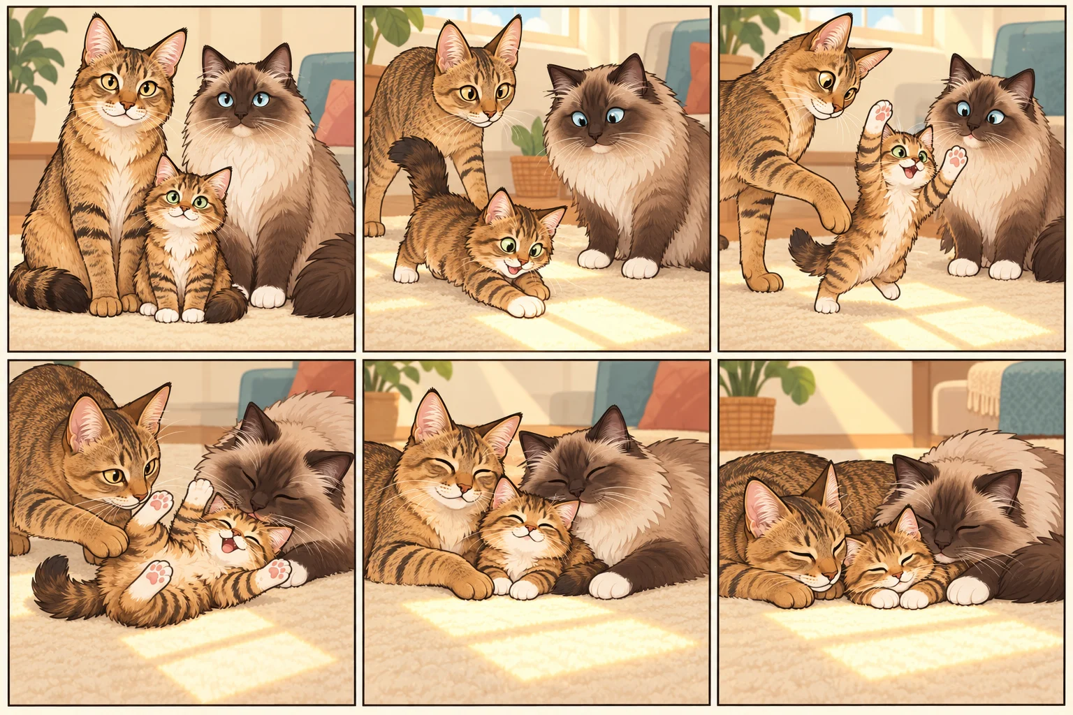 チャウシー(Chausie) + ケルビム(Cherubim)と架空の子猫ごま団子が遊ぶAI家族漫画。日なたを追いかけてお昼寝、6コマ、文字なし。