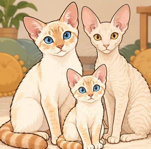 重点色短毛猫(Colorpoint Shorthair) × 康沃尔卷毛猫与虚拟后代椰子云的AI家庭合影