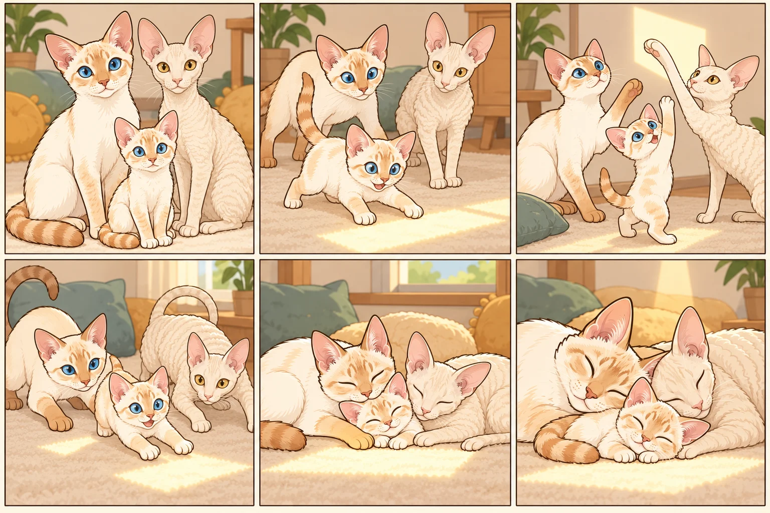 重点色短毛猫(Colorpoint Shorthair) + 康沃尔卷毛猫与虚拟小猫椰子云一起玩耍的 AI 卡通家庭漫画:追着阳光午睡,共6格,无文字。