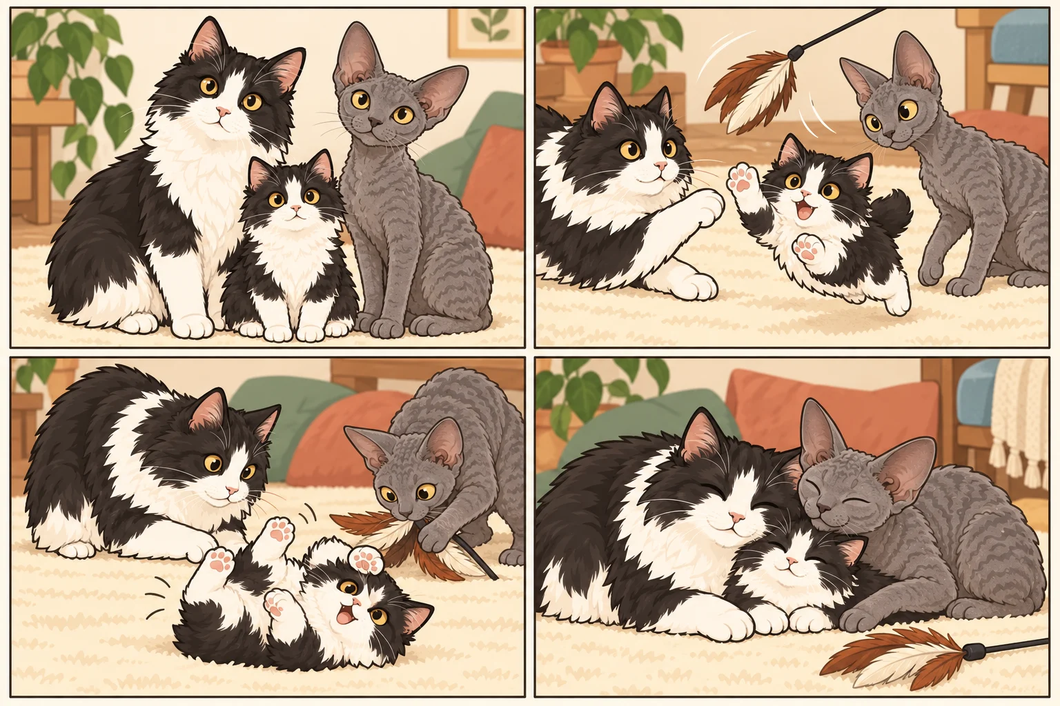 キムリック(Cymric) + デボンレックスと架空の子猫桃のクランブルが遊ぶAI家族漫画。羽を追いかける小さな冒険、4コマ、文字なし。