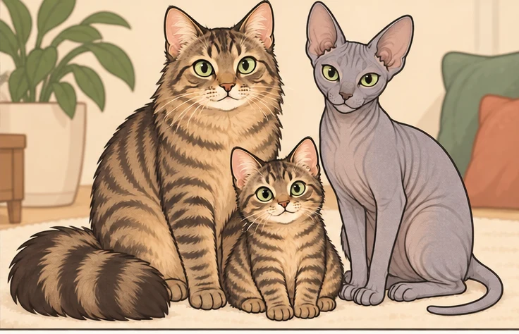 有尾西姆里克猫(Cymric Tailed) × 顿斯科伊猫(Donskoy)与虚拟后代青柠豆的AI家庭合影