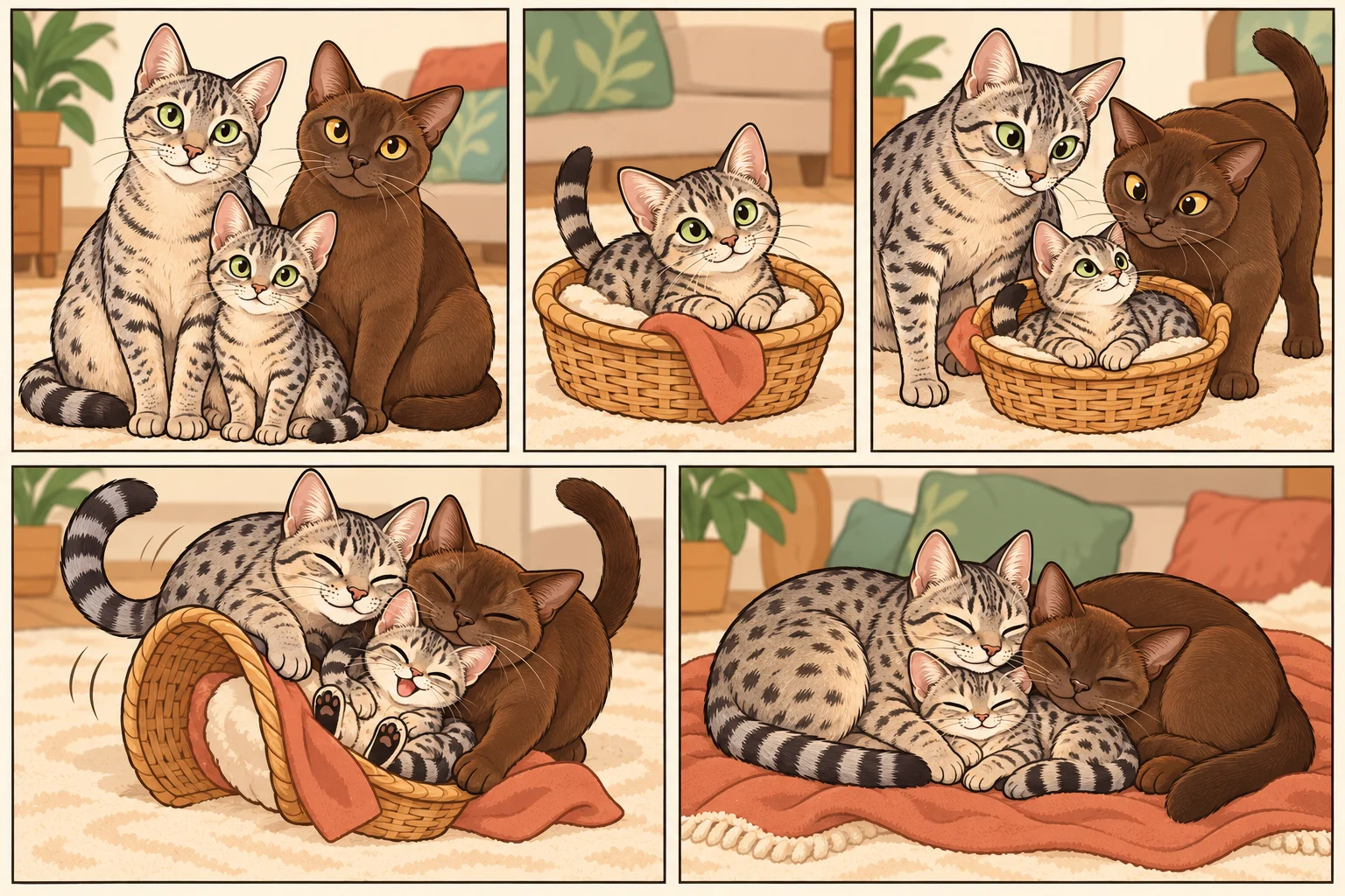 이집션 마우 + 유러피안 버미즈(European Burmese)와 가상 아기 고양이 솜눈가 함께 노는 AI 가족 만화: 낮잠 바구니 모험, 5칸, 글 없음.