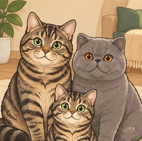 欧洲短毛猫 × 异国短毛猫与虚拟后代小南瓜的AI家庭合影