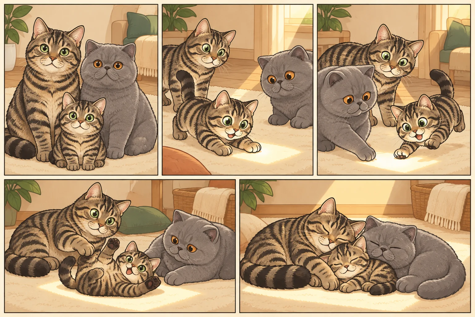 ヨーロピアンショートヘア + エキゾチックショートヘアと架空の子猫ちいさなかぼちゃが遊ぶAI家族漫画。日なたを追いかけてお昼寝、5コマ、文字なし。