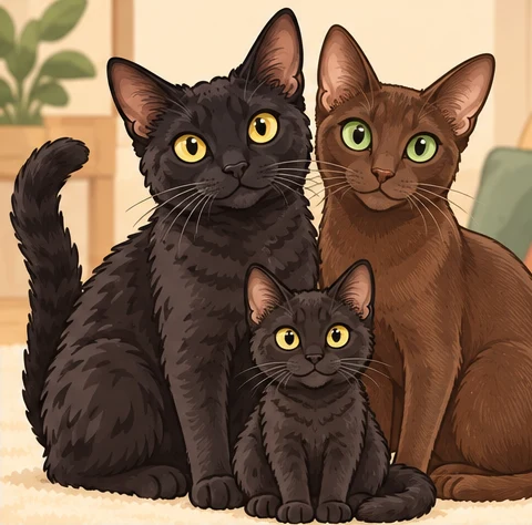 德国卷毛猫 × 哈瓦那猫(Havana)与虚拟后代暖暖茶的AI家庭合影