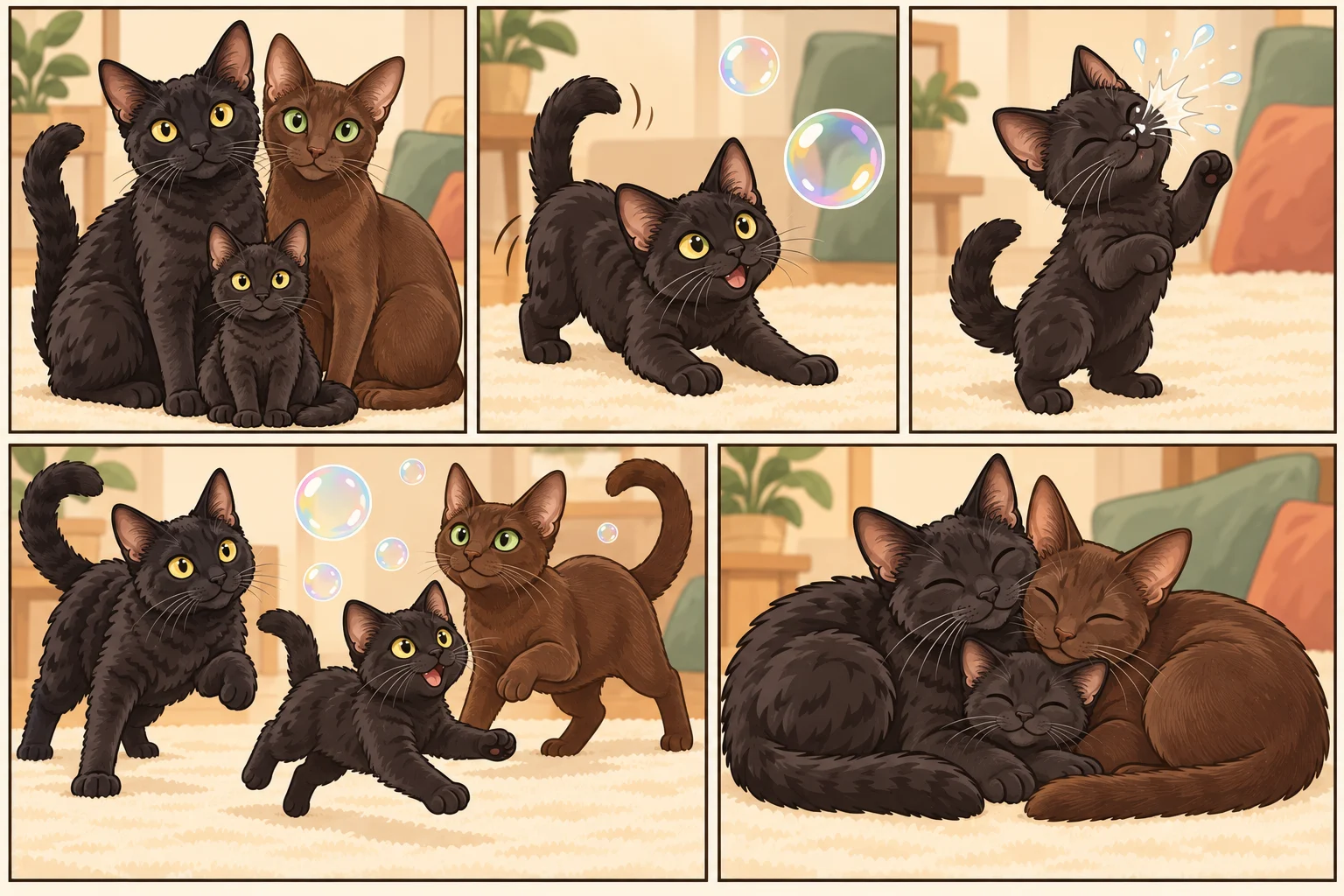 저먼 렉스 + 하바나(Havana)와 가상 아기 고양이 포근한 차가 함께 노는 AI 가족 만화: 작은 비눗방울 챔피언, 5칸, 글 없음.
